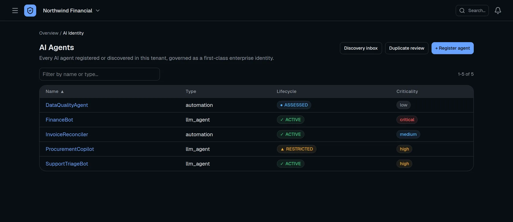 WonderAgent agent inventory in dark mode