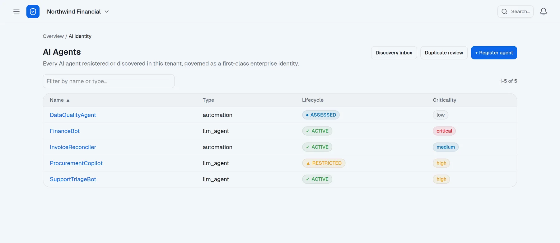 WonderAgent AI agents inventory with lifecycle state, criticality and owner
