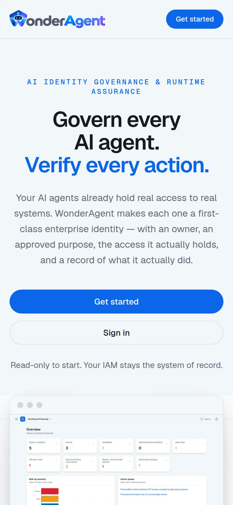 WonderAgent product site on a phone