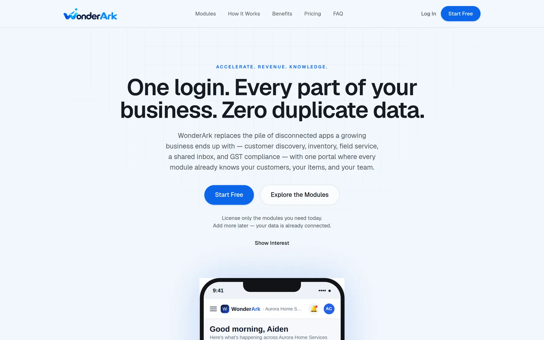 WonderArk landing page on desktop showing the five modules on one data model