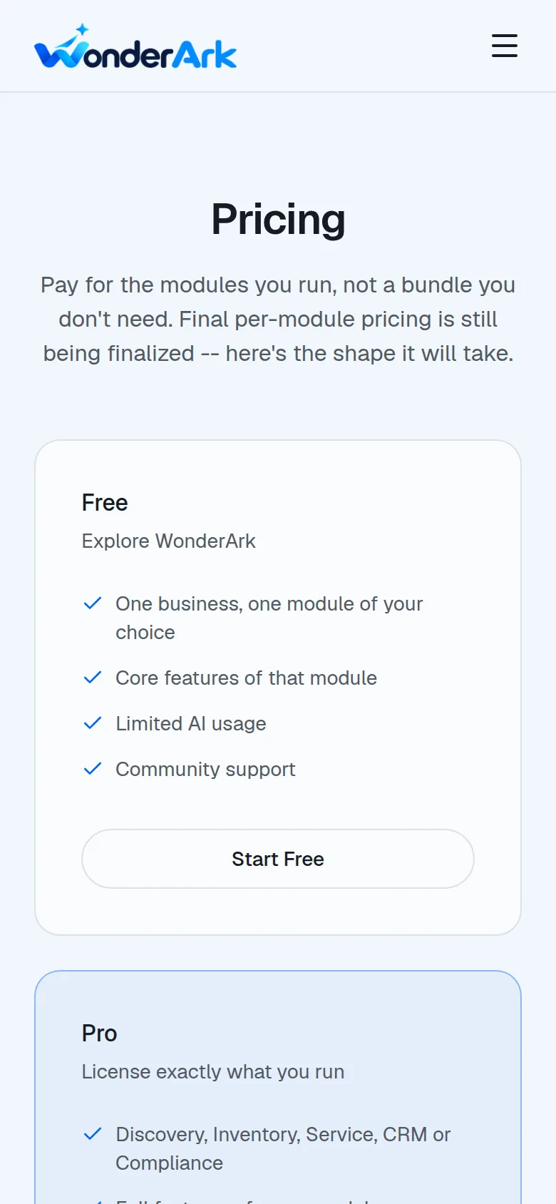 WonderArk pricing tiers on a phone