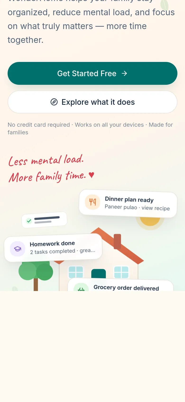 WonderHome on a phone, showing the mobile hero and Today view