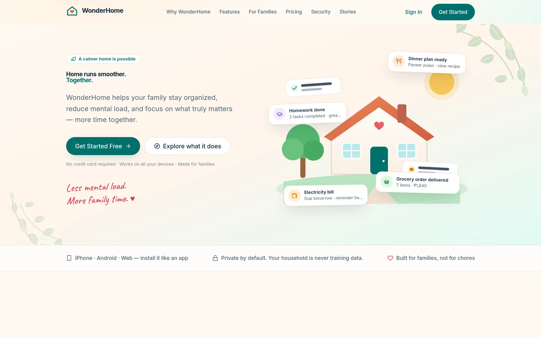 WonderHome security section: private by default, tenant isolation, child privacy, governed AI