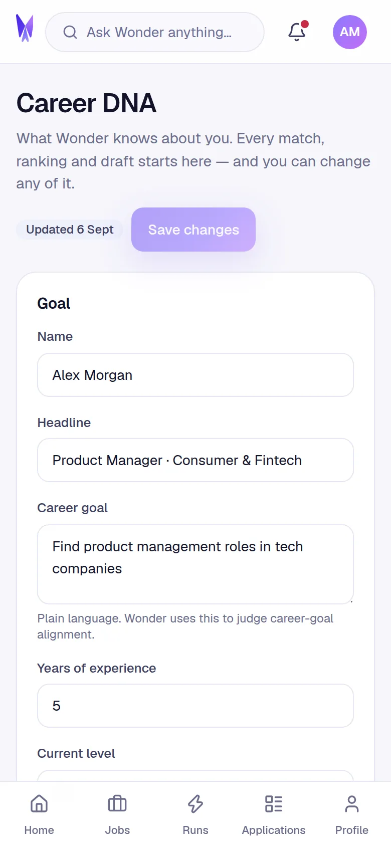 WonderJobs Career DNA profile on a phone