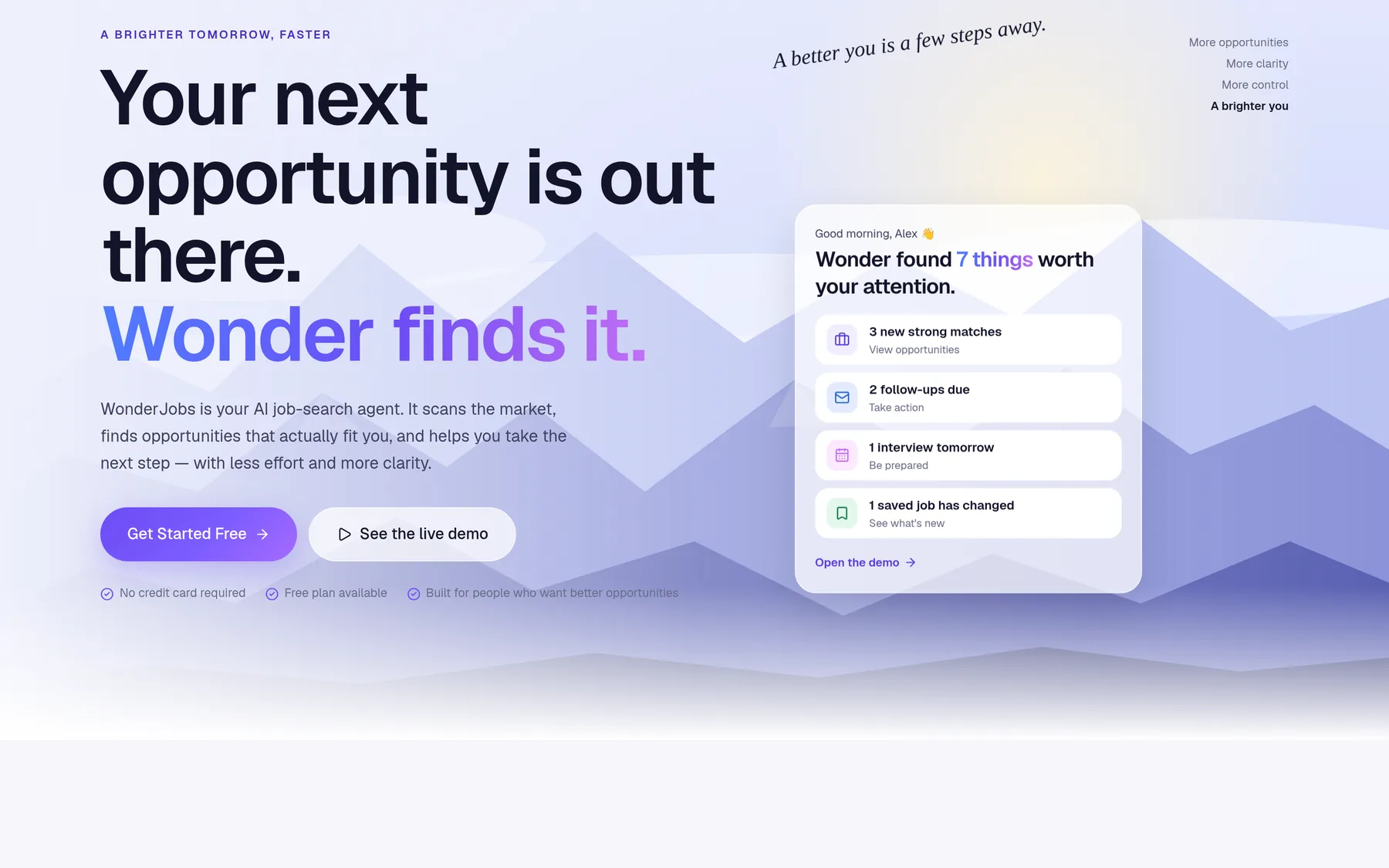 WonderJobs landing page on desktop with the parallax hero and live run preview